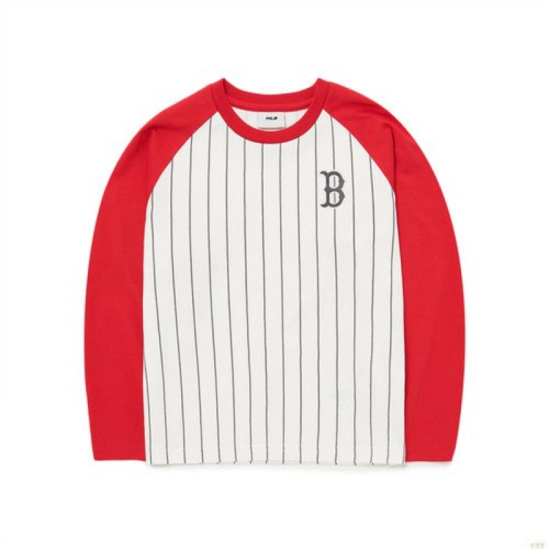 Manches Longues MLB Basic Raglan Stripe Boston Redsox Enfant Blanche | 9681DVHSC