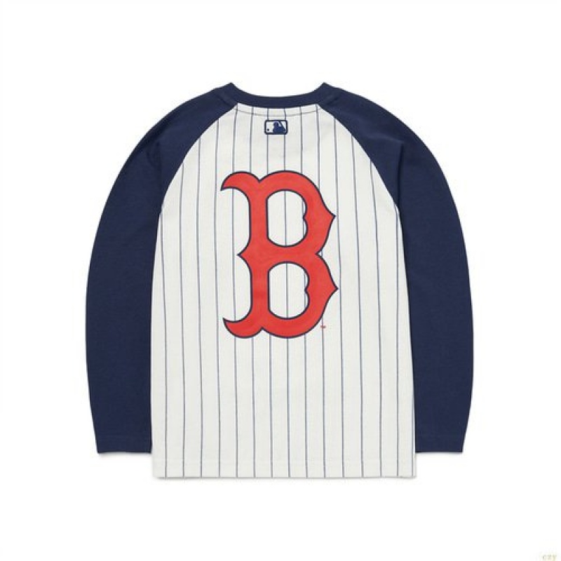 Manches Longues MLB Basic Stripe Raglan Boston Redsox Enfant Bleu Foncé | 3017XLOHE