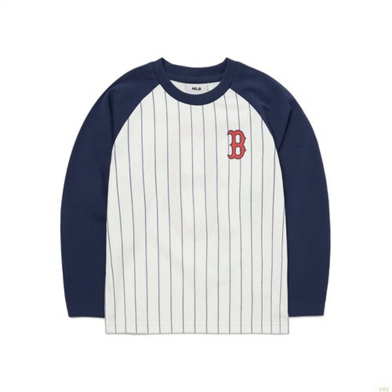 Manches Longues MLB Basic Stripe Raglan Boston Redsox Enfant Bleu Foncé | 3017XLOHE