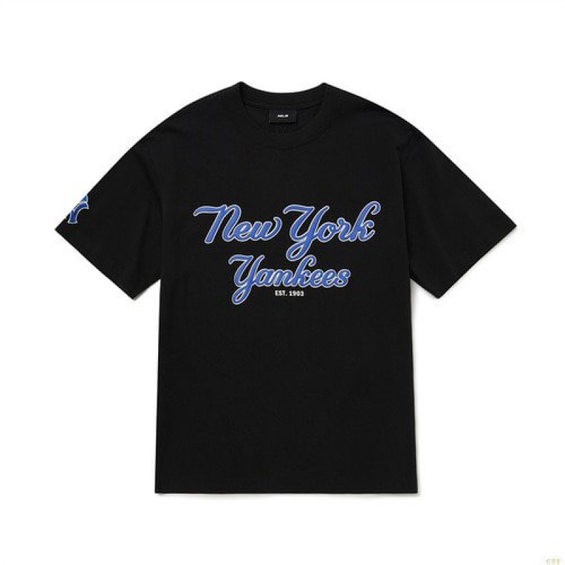 Manches Longues MLB Cursive Overfit New York Yankees Vetement Noir | 2104NJAPL