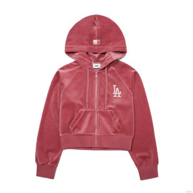 Sweat a Capuche MLB Basic Velvet Crop Hoozip-up La Dodgers Vetement Bordeaux | 4268NFUJP